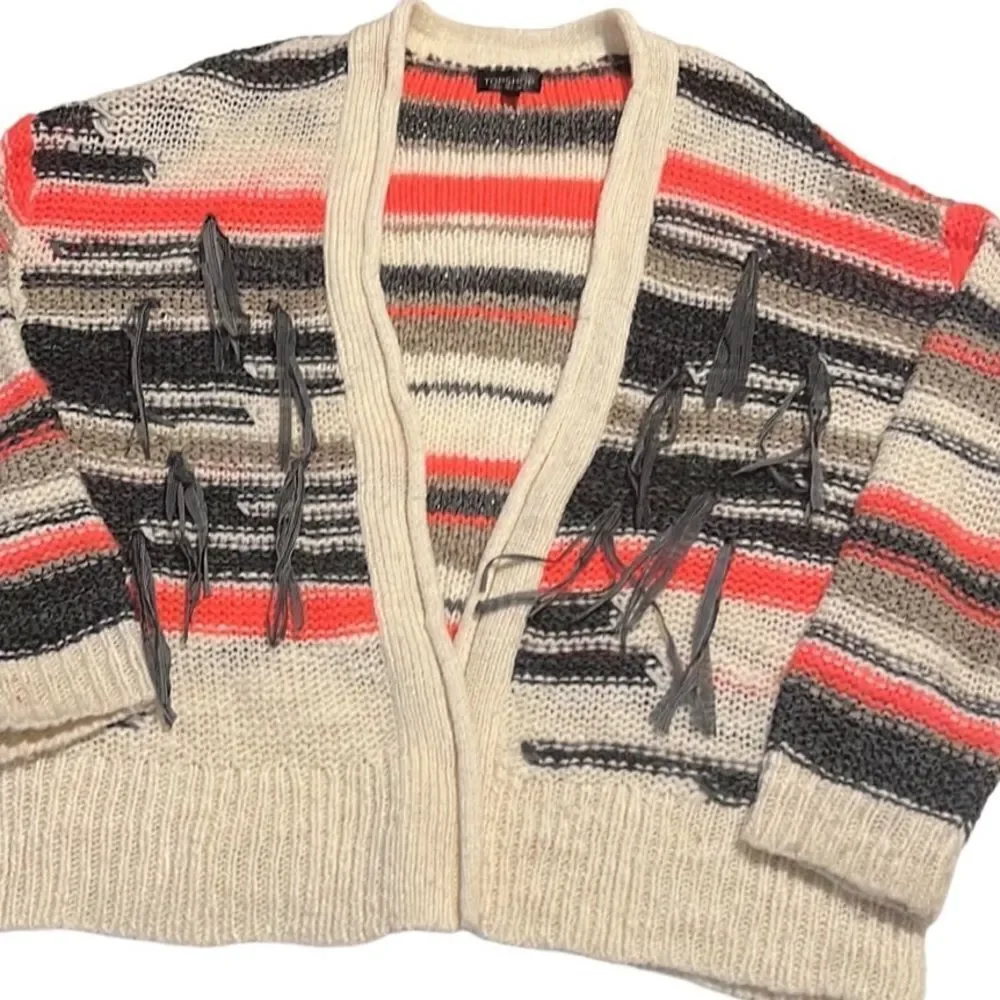 Topshop Tassel Stripe Open Front Chunky Cardigan Sweater Size 8